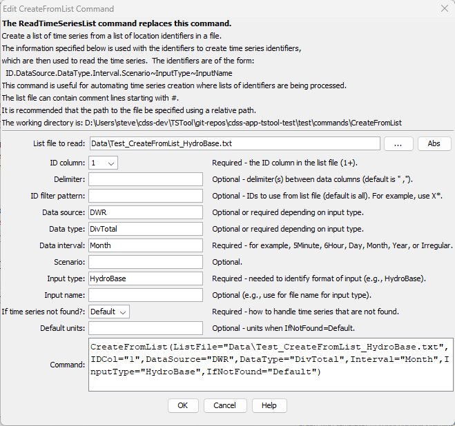 CreateFromList command editor