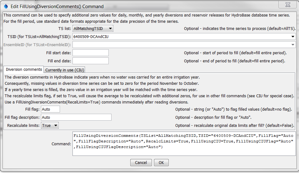 FillUsingDiversionComments command editor for Diversion Comment parameters