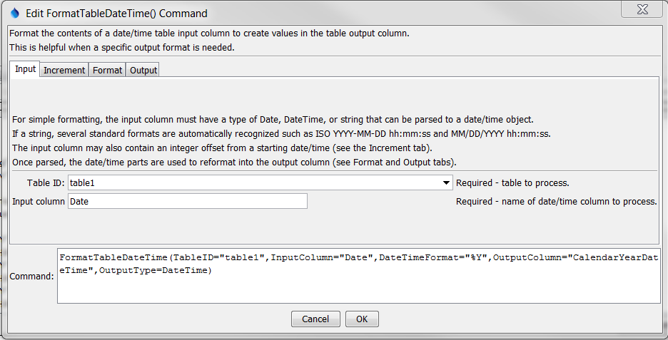 FormatTableDateTime command editor for Input parameters
