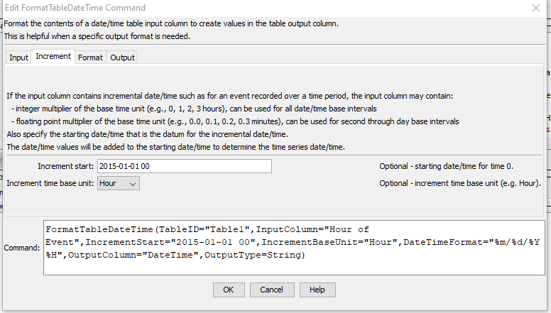 FormatTableDateTime command editor for Increment parameters