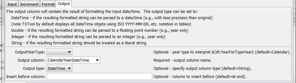 FormatTableDateTime command editor for Output parameters