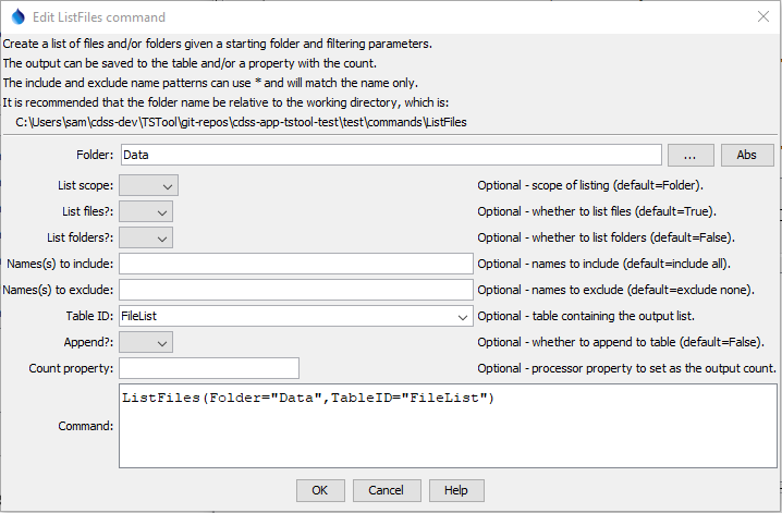 ListFiles command editor