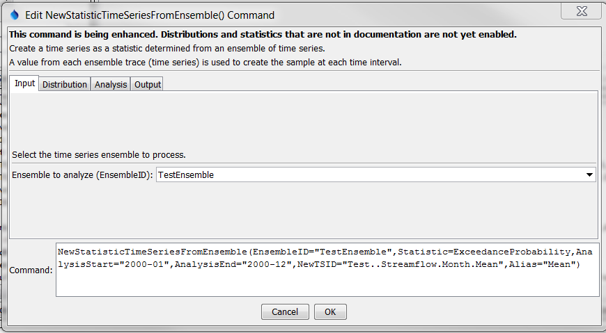 NewStatisticTimeSeriesFromEnsemble command editor for Input parameters