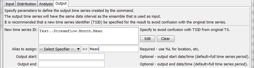 NewStatisticTimeSeriesFromEnsemble command editor for Output parameters