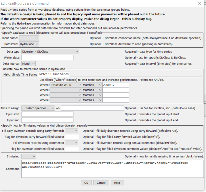 ReadHydroBase command editor to read multiple time series