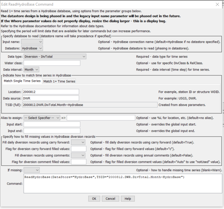 ReadHydroBase command editor to read a single time series
