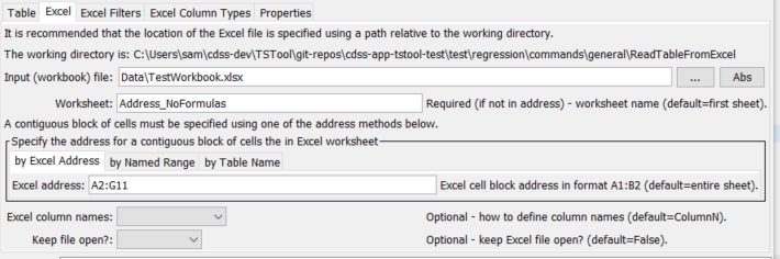 ReadTableFromExcel command editor for main Excel parameters