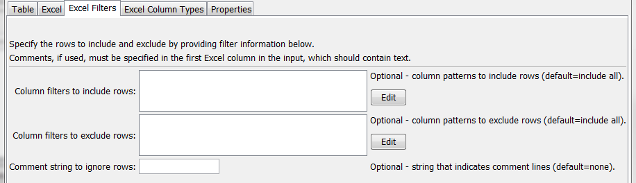 ReadTableFromExcel command editor for filter parameters