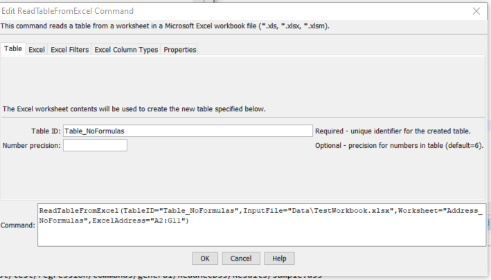 ReadTableFromExcel command editor for Table parameters