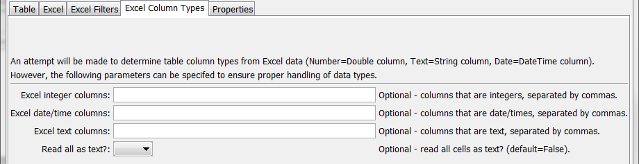 ReadTableFromExcel command editor for column type parameters