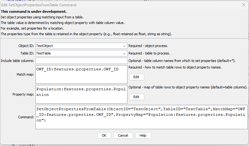 SetObjectPropertiesFromTable command editor