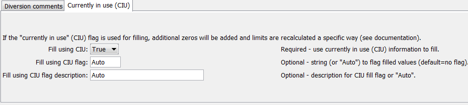 FillUsingDiversionComments command editor for currently in use parameters