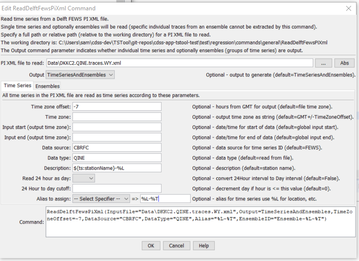 ReadDelftFewsPiXml command editor for Time Series parameters