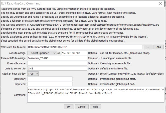 ReadNwsCard command editor for reading an ensemble