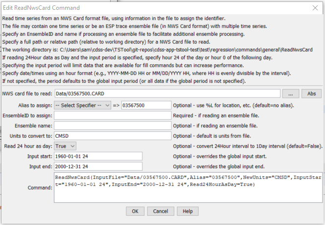 ReadNwsCard command editor for reading a single time series