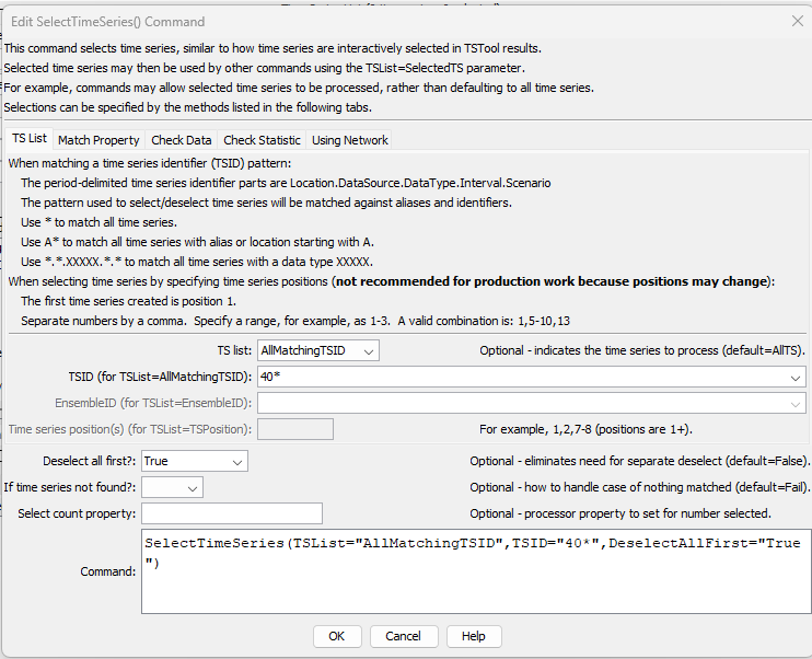 SelectTimeSeries command editor