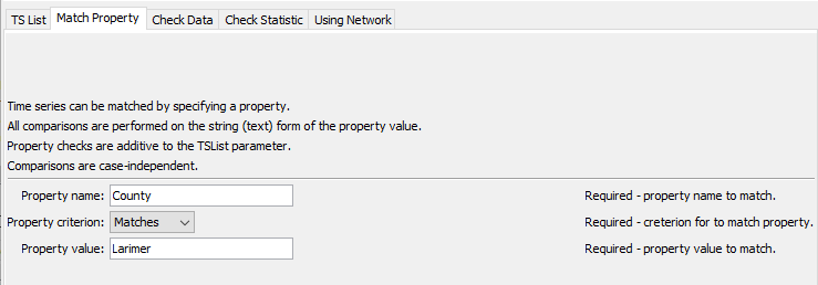 SelectTimeSeries command editor specifying a property to match