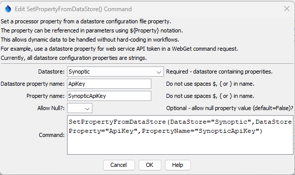 SetPropertyFromDataStore command editor