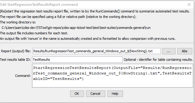 StartRegressionTestResultsReport command editor