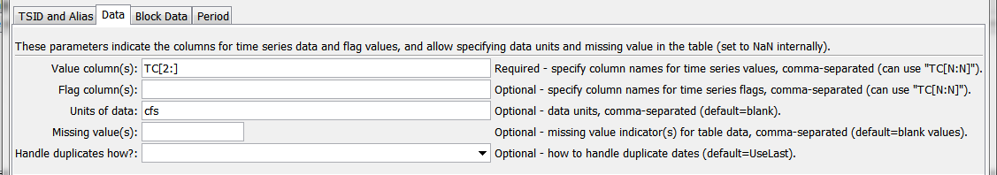TableToTimeSeries command editor data tab for table with multiple data columns