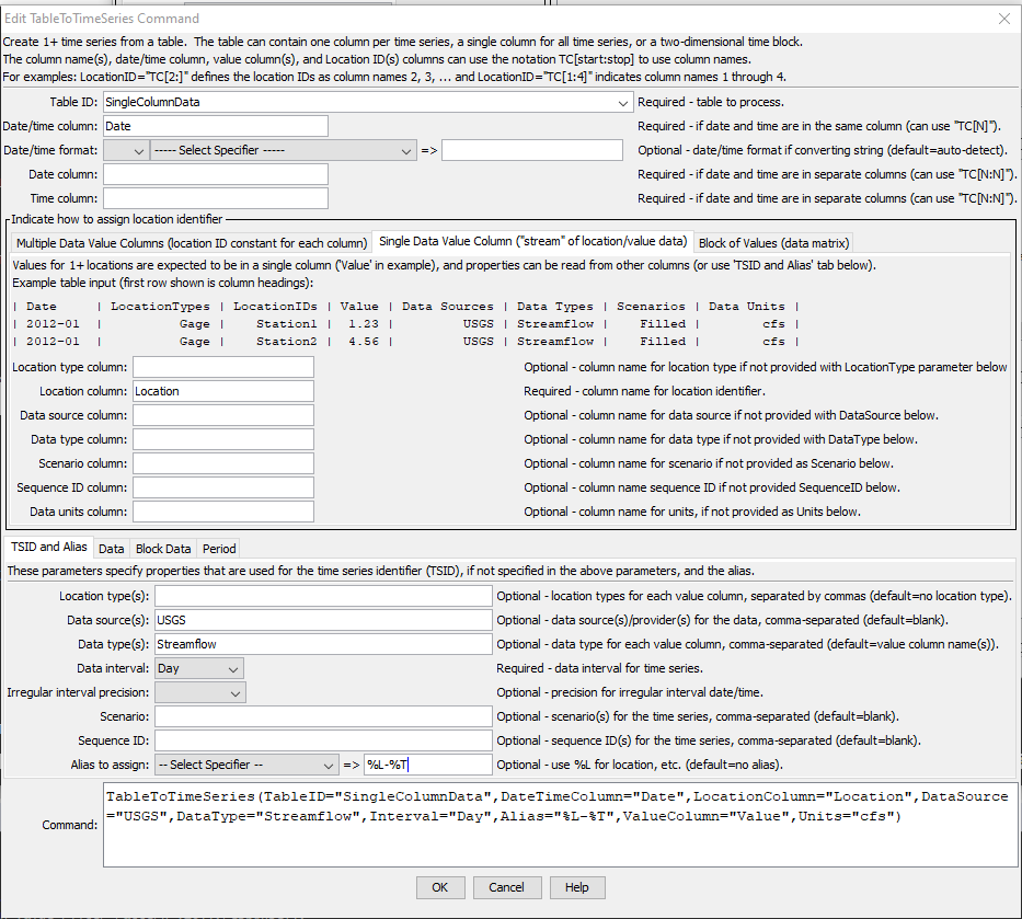 TableToTimeSeries command editor for single column table