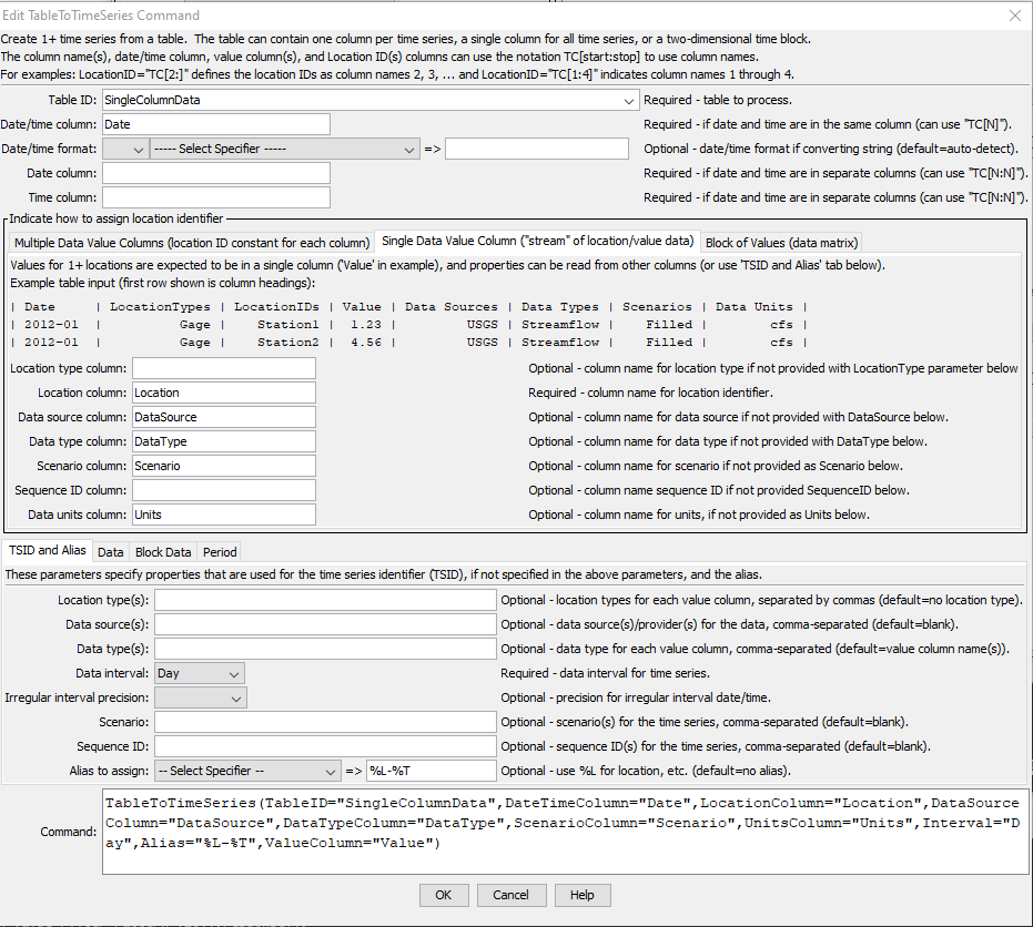 TableToTimeSeries command editor for table with single data column and metadata column