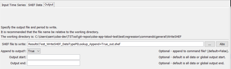 WriteSHEF command editor for output parameters