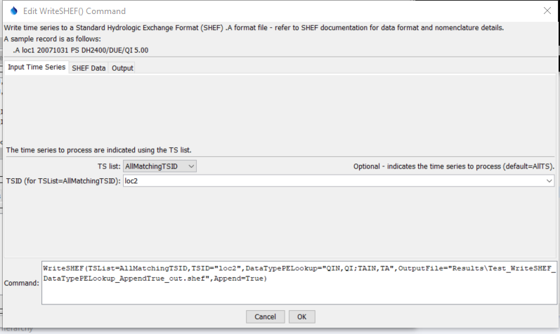 WriteSHEF command editor for input time series parameters