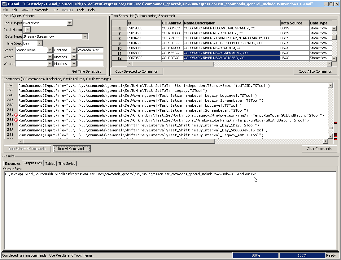 TSTool Main Interface Showing Regression Test Results
