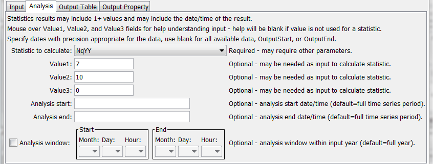 CalculateTimeSeriesStatistic command editor for Analysis parameters