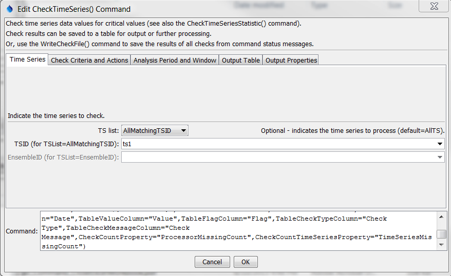 CheckTimeSeries command editor for time series parameters