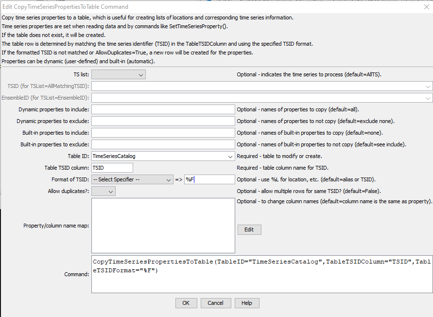 CopyTimeSeriesPropertiesToTable command editor