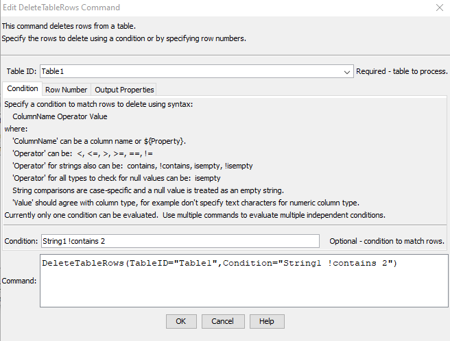 DeleteTableRows command editor for Condition parameter