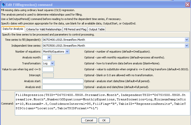FillRegression command editor for data parameters