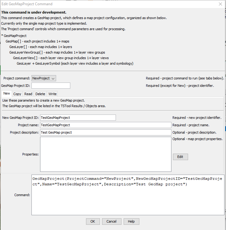 GeoMapProject command editor for a new project