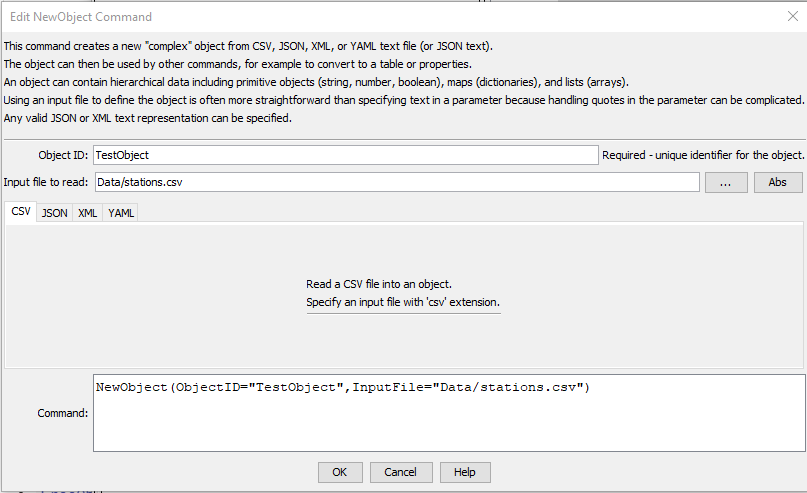 NewObject CSV command editor