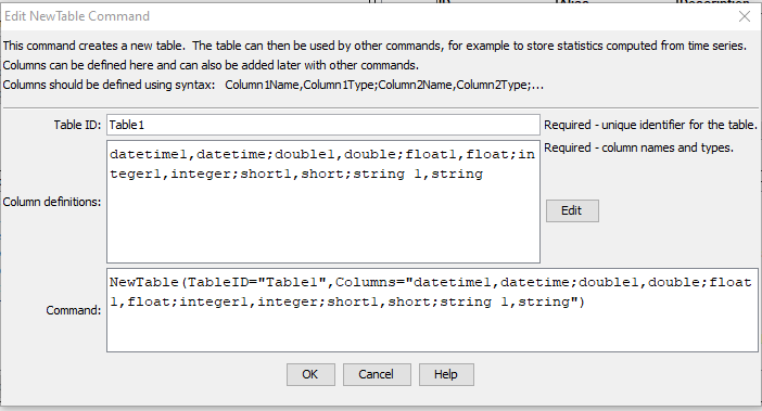 NewTable command editor