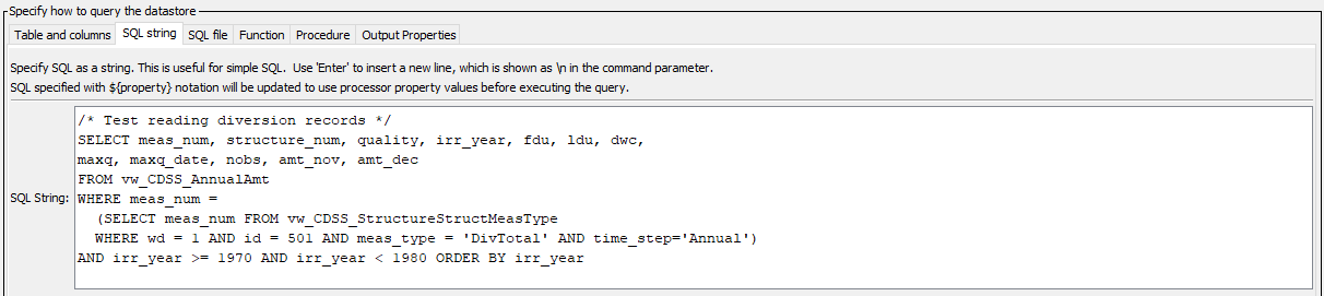 ReadTableFromDataStore command editor when specifying an SQL query string