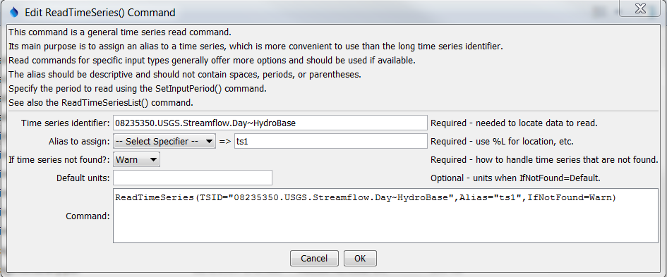 ReadTimeSeries command editor