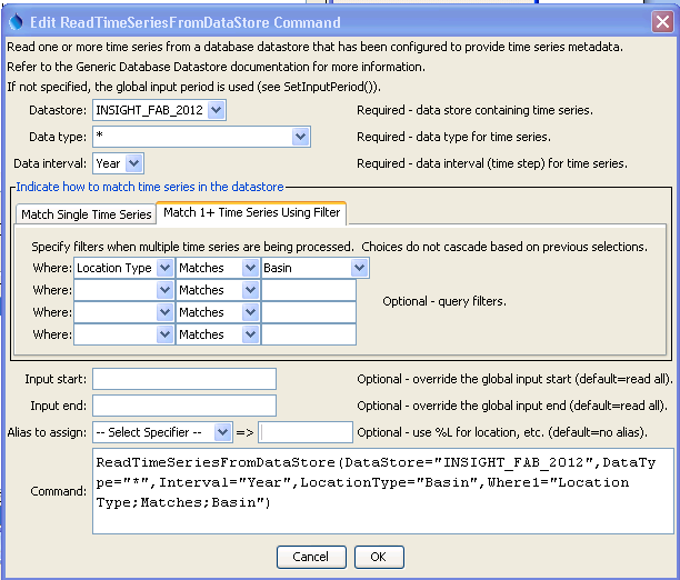 ReadTimeSeriesFromDataStore command editor for reading Multiple time series