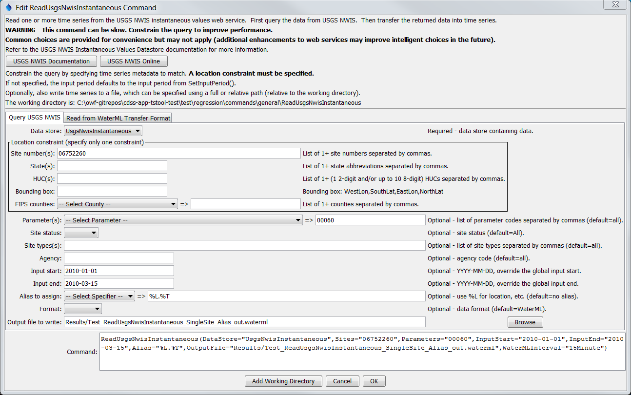 ReadUsgsNwisInstantaneous command editor