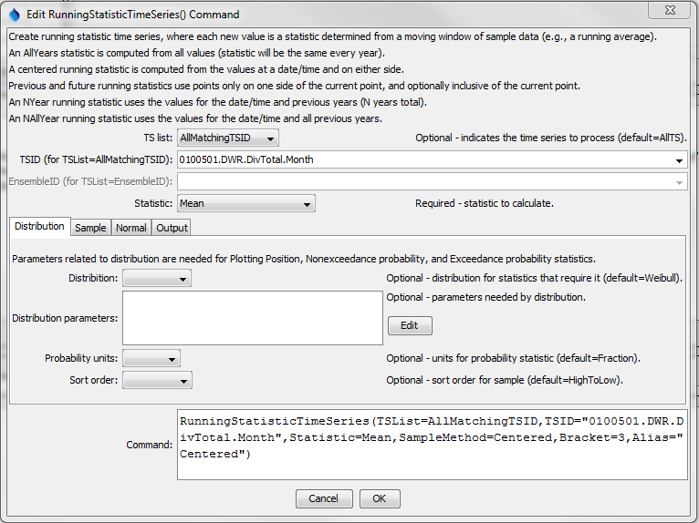 RunningStatisticTimeSeries command editor for distribution parameters