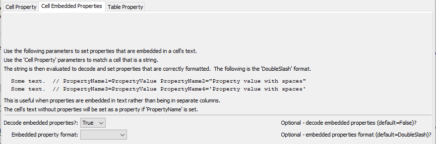 SetPropertyFromTable command editor for Cell embedded parameters
