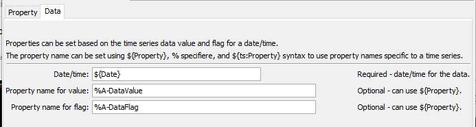 SetPropertyFromTimeSeries command editor for time series data