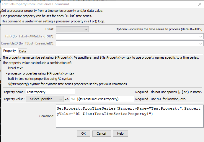 SetPropertyFromTimeSeries command editor for simple property