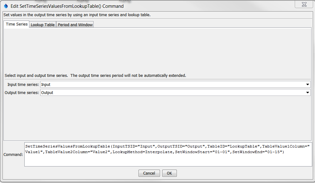 SetTimeSeriesValuesFromLookupTable command editor for Time Series parameters