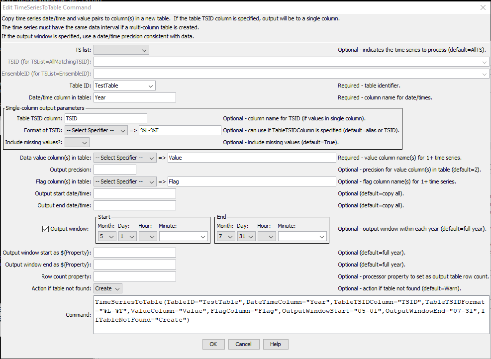 TimeSeriesToTable command editor to create single data column table