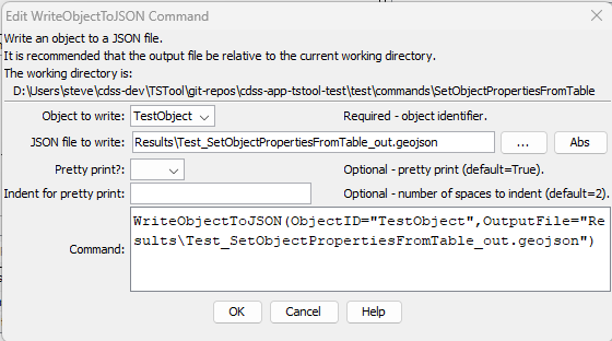 WriteObjectToJSON command editor