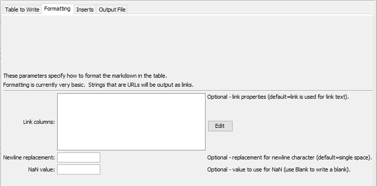 WriteTableToMarkdown command editor for formatting parameters