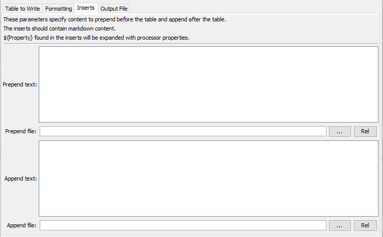 WriteTableToMarkdown command editor for inserts parameters